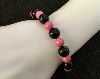 Rhodonite & Black Jade Stackable Bead Bracelet - Unisex Design and Sizing - c 132 tcw 5 Star Natural Mineral Gemstones