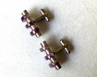 Modernist Sterling & Amethyst Cuff Links - Stamped M3 Sterling - circa 15.6 grams tw - Mexico