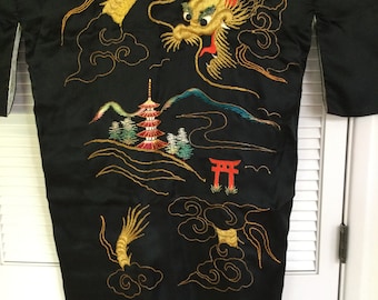 Vintage Japanese Kimono - Black Silk Satin w Embroidered Dragon w White Brocade Lining -Size M- Korean War Era -Wearable or Wall Fiber Art