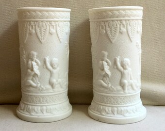 Antique Pair Samuel Alcock Salt Glazed Parian Tumblers/Vases - Cherub Motif - Collector Pieces - c 1850s exact year unknown