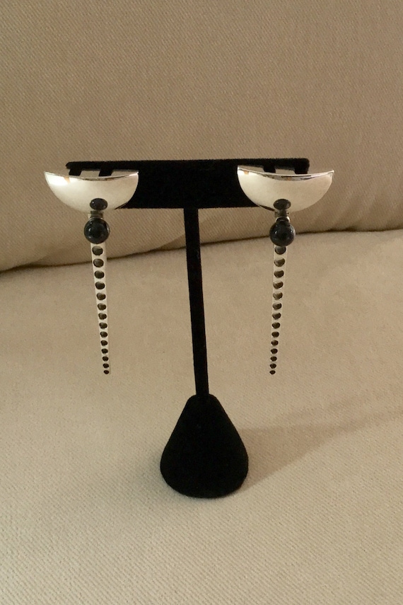 Modernist Sterling Earrings w 7mm Black Onyx Bead 