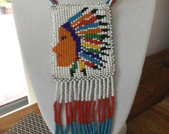 Vintage New Native American Bead Embroidered Triple Strand Necklace w Fringe - Traditional Design - Carl Lewis Druckman Collection