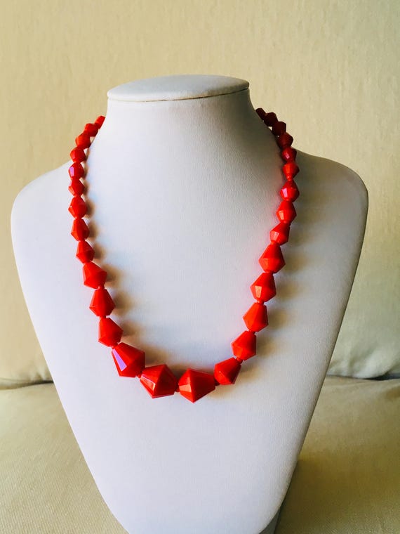 Red -Vintage West German Opaque Red Faceted Glass… - image 1