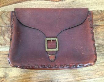 Vintage 1970s Briefcase - Handmade of Natural Leather Belly Cowhide - Two Interior Compartments - circa 14 inch Laptop Size