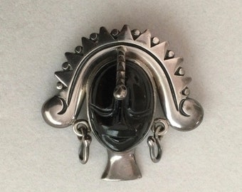 Los Ballesteros Vintage Snake Goddess Warrior Brooch/Pendant - Sterling w Obsidian Face - Stamped Scrollwork B Talleros De Los Ballesteros