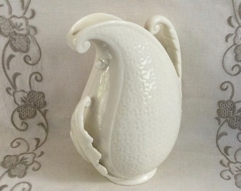 Vintage Lenox Vase or Pitcher w Applied Leaf Design w Basket Weave Embossing - Rare Collector Piece -Green Wreath Made in USA Mark - c 1940s