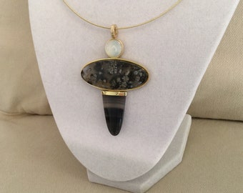 Modernist Design Pendant White Cat's Eye Moonstone & Plume Agate Cabs w Smokey Banded Agate Tongue in 18K Yellow Gold by Carl Lewis Druckman