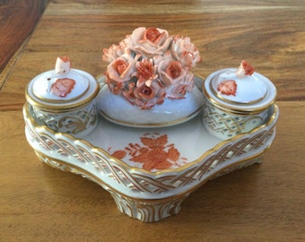 Herend Miniature Desk Set Chinese Rust Bouquet, Marked Herend Hungary Handpainted. 7802/A04 14, Bridal Ring Tray, Anniversary Gift