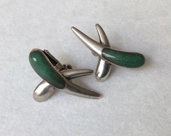 Sigi Pineda Silver & Nephrite Jade Clip Earrings - Stamped Sigi Sterling - c 9.2 grams tw - circa 1950s