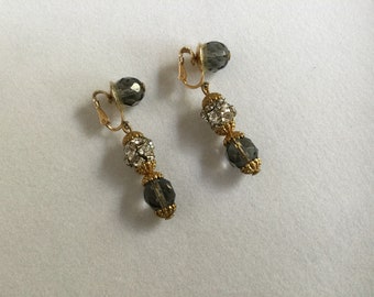 Vintage Swarovski Clear Crystal & Montana Blue Czech Fire Polish Gold Tone Clip Drop Earrings - c 1950s - Excellent Vintage Condition