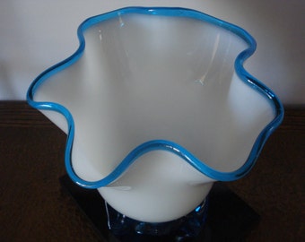 Large Handkerchief Style Vase - Blown White Glass with Bright Turquoise Rim and Base - Wide Opening for Large Flowers or Bouquets - c 8 x 9"