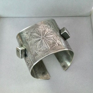 Antique Ottoman Era Ethnic Long Cuff Bracelet - Heavy Weight Silver - Artistically Etched Design - Stamped Makers Marks