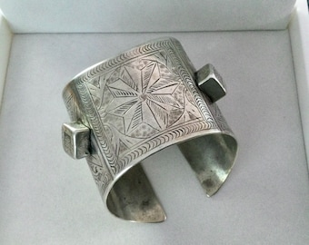 Antique Ottoman Era Ethnic Long Cuff Bracelet - Heavy Weight Silver - Artistically Etched Design - Stamped Makers Marks