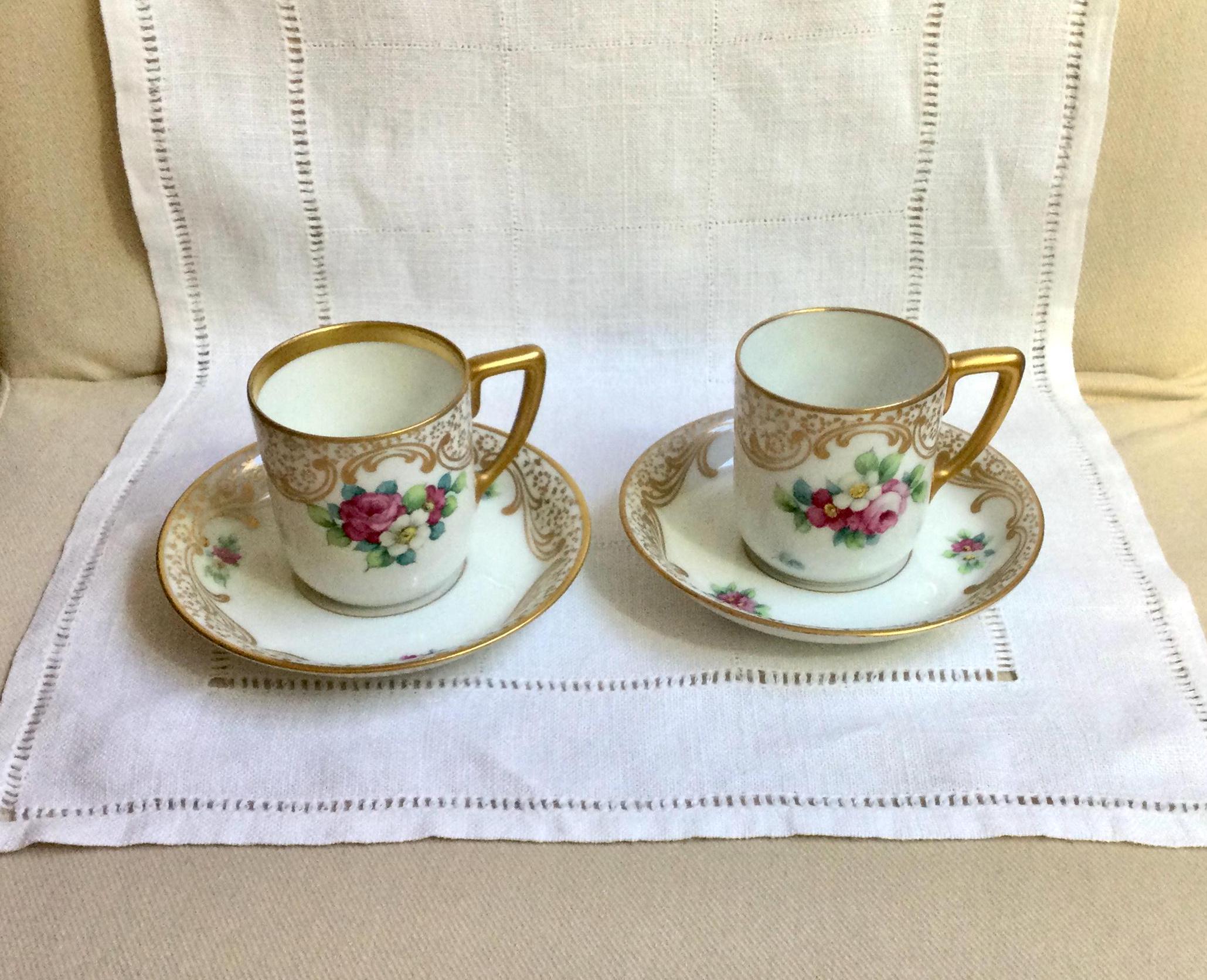 Vintage Floral Porcelain Tea Cup and Saucer Set with Spoon, Gold Trim, 6.4 oz