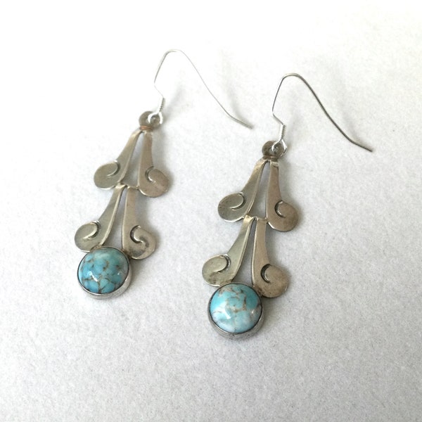 Vintage Larimar & Sterling Silver Drop Earrings - Stamped JNN Hecho En Mexico 925 - c 6.1 grams tw - circa 1970s