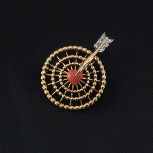 Valentines Day Gift! MidCentury Cartier French 18KY Gold Diamond & Coral Brooch - Classic Target w Arrow Motif - Makers Marks and Style No.