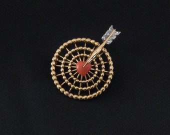 Valentines Day Gift! MidCentury Cartier French 18KY Gold Diamond & Coral Brooch - Classic Target w Arrow Motif - Makers Marks and Style No.