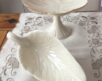 Vintage Lenox Fluted Pedestal & Open Sauce Boat Leaf Collection - SOLD AS SET- Cream - Gold or Green Wreath Mark - Hand Painted 24K Gold
