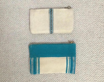 Vintage Chimayo Ivory & Turquoise Striped Clutch Purse #1 OR #2 with Zip Closure c 1940s - Great For Mobile Device Accessories
