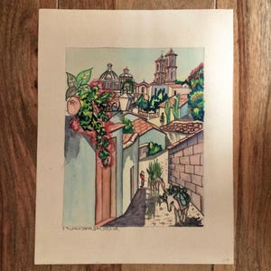 E. Toledo Water Color Painting - Original Mid Century Mexican Folk Art Hand Painted - Signed - Exact Age Unknown