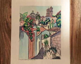E. Toledo Water Color Painting - Original Mid Century Mexican Folk Art Hand Painted - Signed - Exact Age Unknown