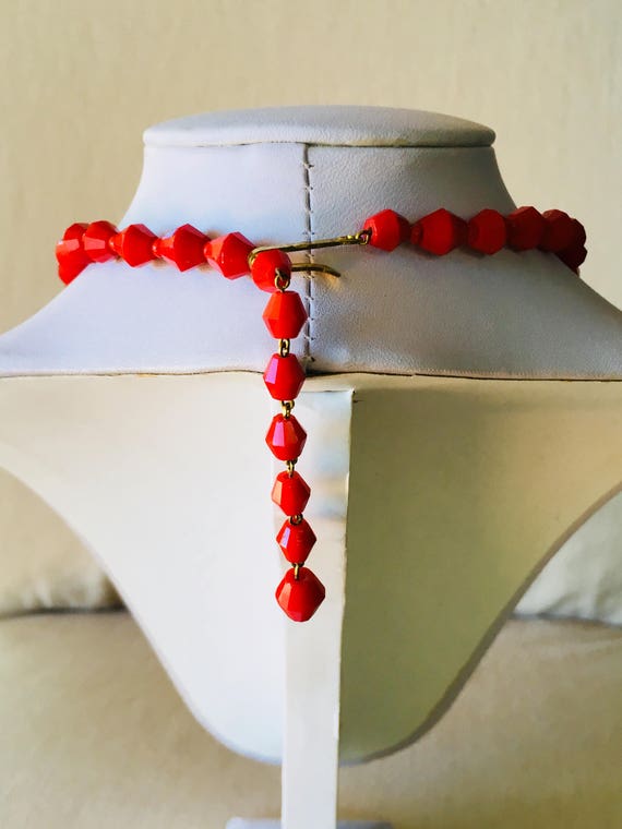 Red -Vintage West German Opaque Red Faceted Glass… - image 2