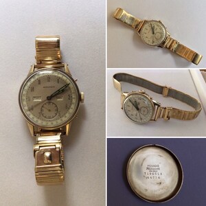 May include: A gold Movado wristwatch with a white face and a gold metal band. The watch has a chronograph, date, and day of the week display. The watch face also has the text "Movado" and "Polysport 14K Gold" printed on it. The back of the watch has the text "Movado Polysport 14K Gold T 196512 # 4776" printed on it.