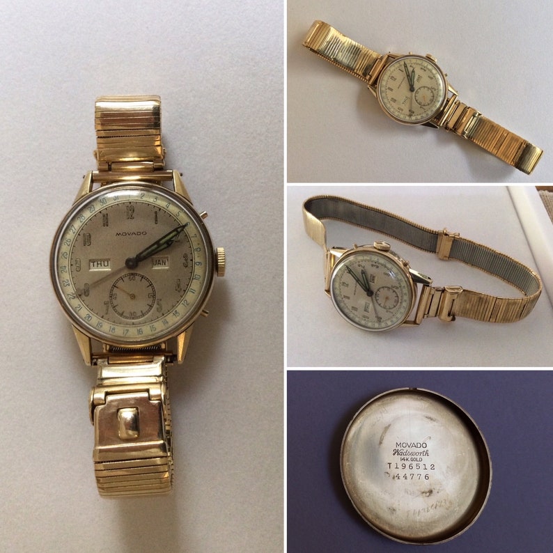 May include: A gold Movado wristwatch with a white face and a gold metal band. The watch has a chronograph, date, and day of the week display. The watch face also has the text "Movado" and "Polysport 14K Gold" printed on it. The back of the watch has the text "Movado Polysport 14K Gold T 196512 # 4776" printed on it.