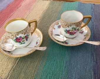 2 Sets Rosenthal Demitasse or Espresso Floral Pattern w Gold Trim Cups & Saucers - c 1920s Hand Painted Fine China- Selb-Bavaria Mark