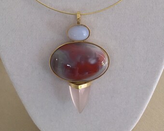 Modernist Design Pendant with High Dome Blue Chalcedony Cab, Agate Cab and Rose Quartz Fin in 18K Yellow Gold by Carl Lewis Druckman