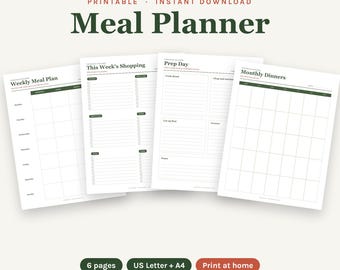 May include: A printable meal planner set featuring four white pages with dark green text and lines. The pages include a Weekly Meal Plan, This Week's Shopping list, Prep Day schedule, and Monthly Dinners calendar. The text includes TheSawad.