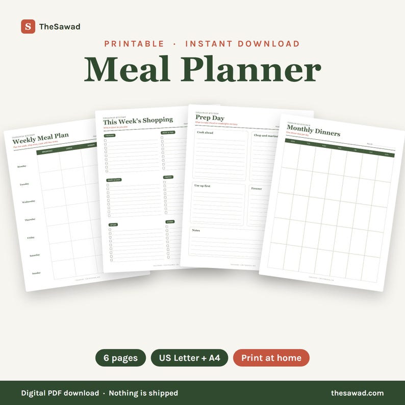 May include: A printable meal planner set featuring four white pages with dark green text and lines. The pages include a Weekly Meal Plan, This Week's Shopping list, Prep Day schedule, and Monthly Dinners calendar. The text includes TheSawad.