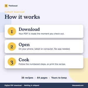 May include: An informational graphic titled How it works with TheSawad logo. It outlines three steps: 1 Download, your PDF is ready at checkout; 2 Open on phone, tablet, or computer; 3 Cook by following steps or printing. Includes 38 recipes, 84 pages.