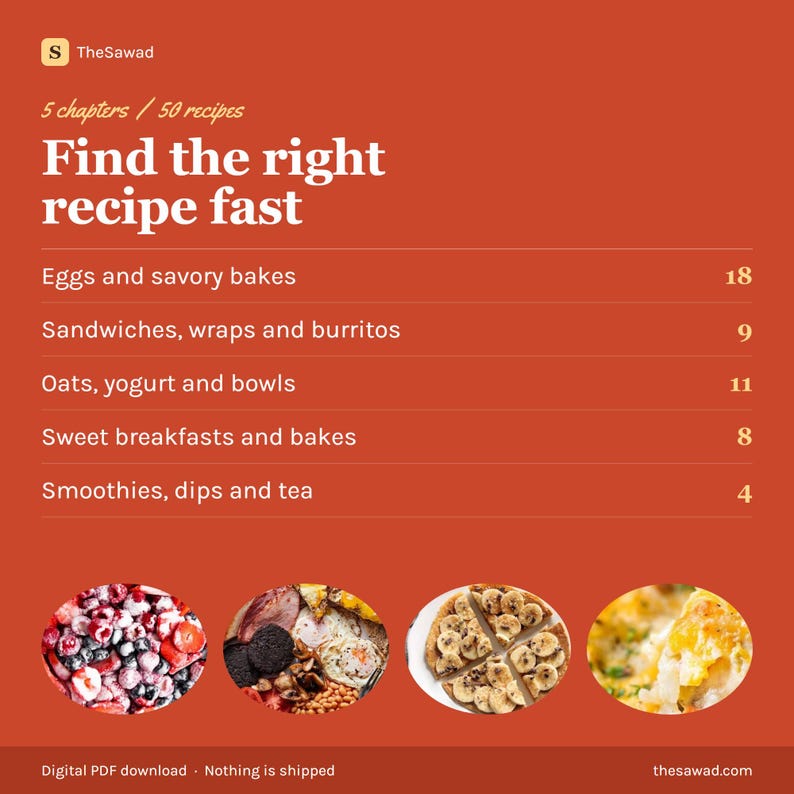 May include: A digital PDF download titled TheSawad featuring 5 chapters and 50 recipes. The orange graphic lists categories including Eggs and savory bakes, Sandwiches, wraps and burritos, Oats, yogurt and bowls, Sweet breakfasts and bakes, and Smoothies, dips and tea with four circular food images.