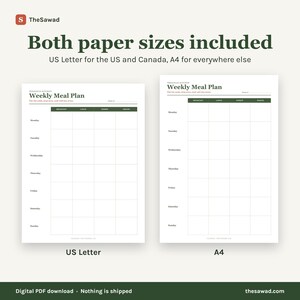 May include: A digital weekly meal plan template featuring two paper sizes: US Letter and A4. The document includes a grid layout with columns for breakfast, lunch, dinner, and snacks, and rows for each day of the week from Monday to Sunday.