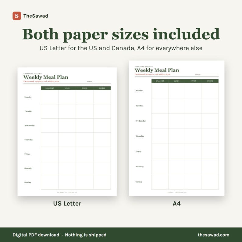 May include: A digital weekly meal plan template featuring two paper sizes: US Letter and A4. The document includes a grid layout with columns for breakfast, lunch, dinner, and snacks, and rows for each day of the week from Monday to Sunday.