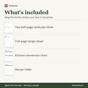 May include: A digital document titled TheSawad What's included, listing four items: two half-page cards per sheet, a full-page recipe sheet, a kitchen conversion chart, and a recipe index. The text is dark green on a light cream background.