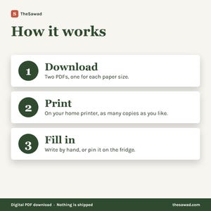 May include: An instructional graphic titled How it works with the logo TheSawad. It lists three steps: 1. Download two PDFs, one for each paper size. 2. Print on your home printer as many copies as you like. 3. Fill in by hand or pin on the fridge.