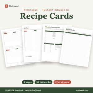May include: A set of printable recipe cards featuring white paper sheets with dark green and red text. The pages include headers for Recipe, Kitchen Conversions, and Recipe Index, with lined sections for ingredients, instructions, and notes.