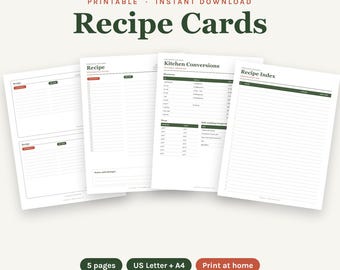 May include: A set of printable recipe cards featuring white paper sheets with dark green and red text. The pages include headers for Recipe, Kitchen Conversions, and Recipe Index, with lined sections for ingredients, instructions, and notes.
