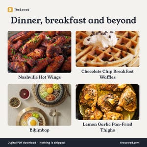 May include: A digital document titled Dinner, breakfast and beyond featuring four food images: Nashville Hot Wings, Chocolate Chip Breakfast Waffles, Bibimbap with a raw egg yolk, and Lemon Garlic Pan-Fried Thighs with lemon slices and garlic cloves.