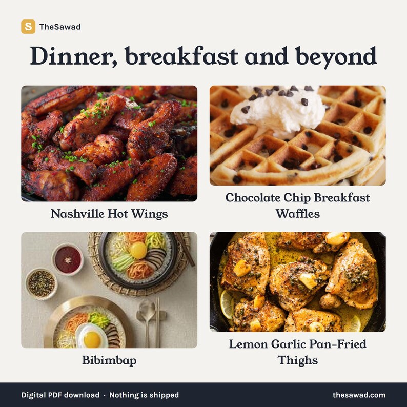 May include: A digital document titled Dinner, breakfast and beyond featuring four food images: Nashville Hot Wings, Chocolate Chip Breakfast Waffles, Bibimbap with a raw egg yolk, and Lemon Garlic Pan-Fried Thighs with lemon slices and garlic cloves.