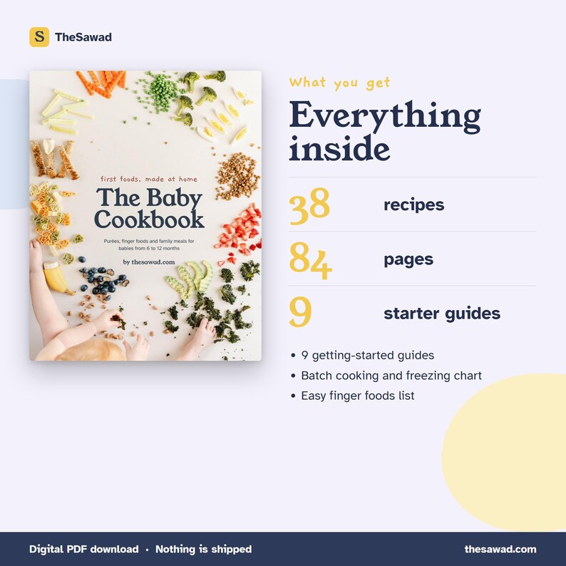 May include: A digital cookbook titled The Baby Cookbook, featuring text that reads 38 recipes, 84 pages, and 9 starter guides. The cover displays various raw food ingredients arranged around the title, with infant arms visible at the bottom.