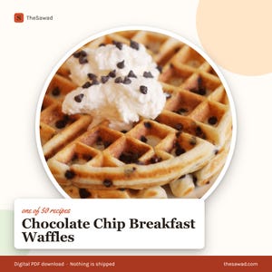 May include: A golden-brown waffle topped with white whipped cream and dark chocolate chips. The text reads: one of 50 recipes Chocolate Chip Breakfast Waffles. The image features a circular cutout showing the waffle against a white background.