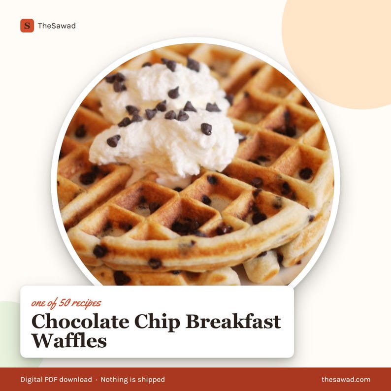 May include: A golden-brown waffle topped with white whipped cream and dark chocolate chips. The text reads: one of 50 recipes Chocolate Chip Breakfast Waffles. The image features a circular cutout showing the waffle against a white background.