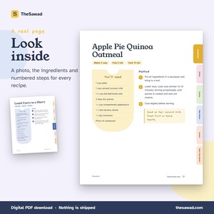 May include: A digital recipe page titled Apple Pie Quinoa Oatmeal featuring a list of ingredients including water, coconut milk, oats, quinoa, applesauce, banana, cinnamon, and cardamom, alongside three numbered cooking steps and colored side tabs.
