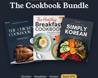 May include: A digital bundle of three cookbooks titled The Chicken Cookbook, The Healthy Breakfast Cookbook, and Simply Korean. The covers feature images of a roasted chicken, a bowl of oatmeal with an egg, and a bowl of bibimbap, respectively.