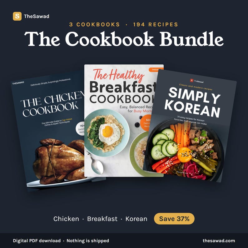 May include: A digital bundle of three cookbooks titled The Chicken Cookbook, The Healthy Breakfast Cookbook, and Simply Korean. The covers feature images of a roasted chicken, a bowl of oatmeal with an egg, and a bowl of bibimbap, respectively.