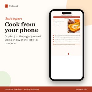 May include: A smartphone displays a digital recipe page from TheSawad. The screen shows a photo of an egg in a hole sandwich, an ingredients list, and cooking instructions. Text on the left reads Read it anywhere, Cook from your phone.