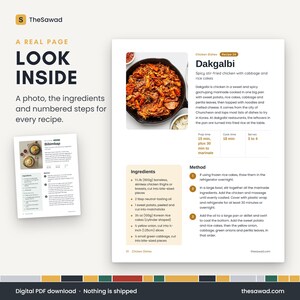 May include: A cookbook page titled Dakgalbi featuring a photo of spicy stir-fried chicken in a pan, a description, prep and cook times, and a list of ingredients and numbered cooking steps. The page includes text about chicken dishes.